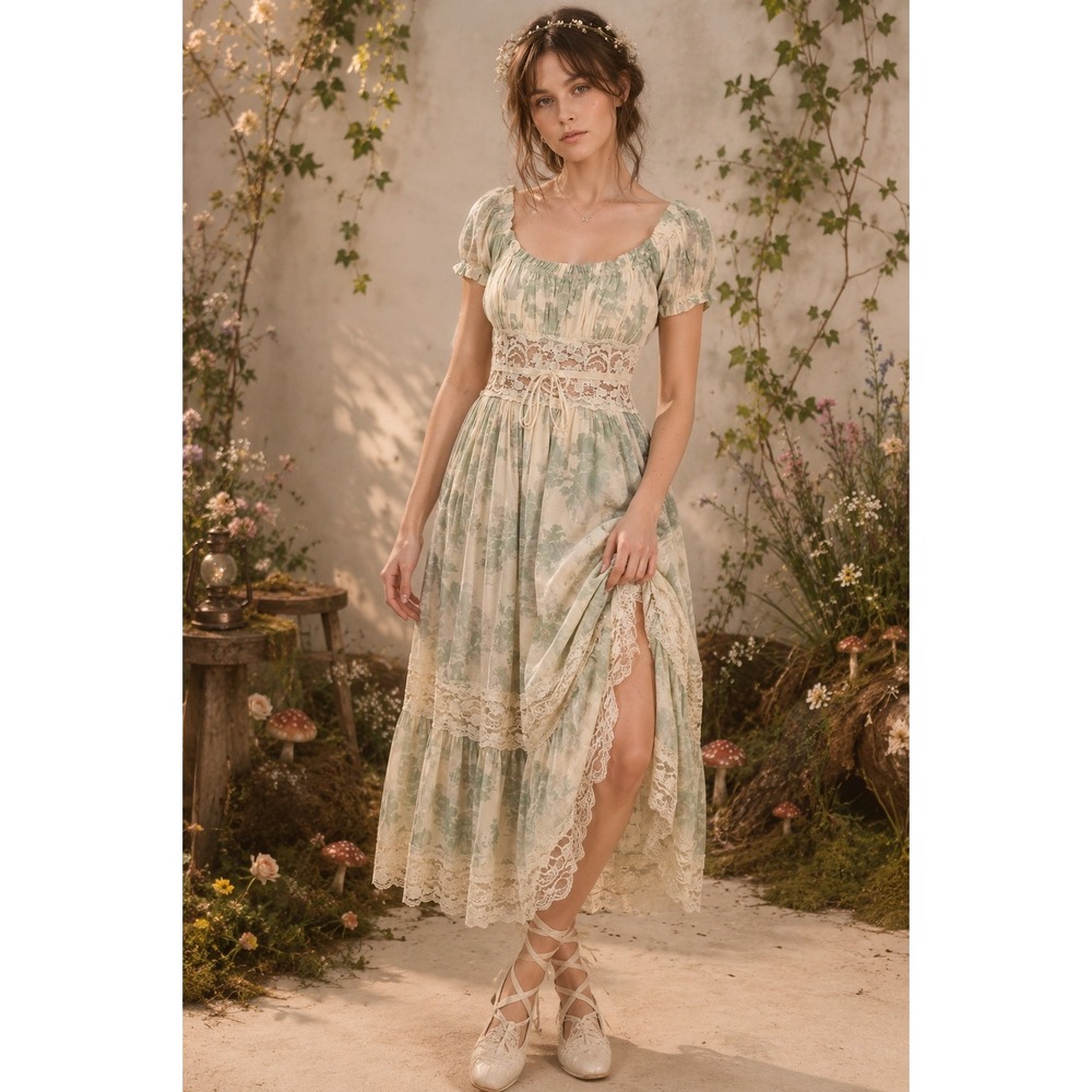 Free People Fairycore Cottagecore Floral Lace  Dress Boho Romantic Prairie M
